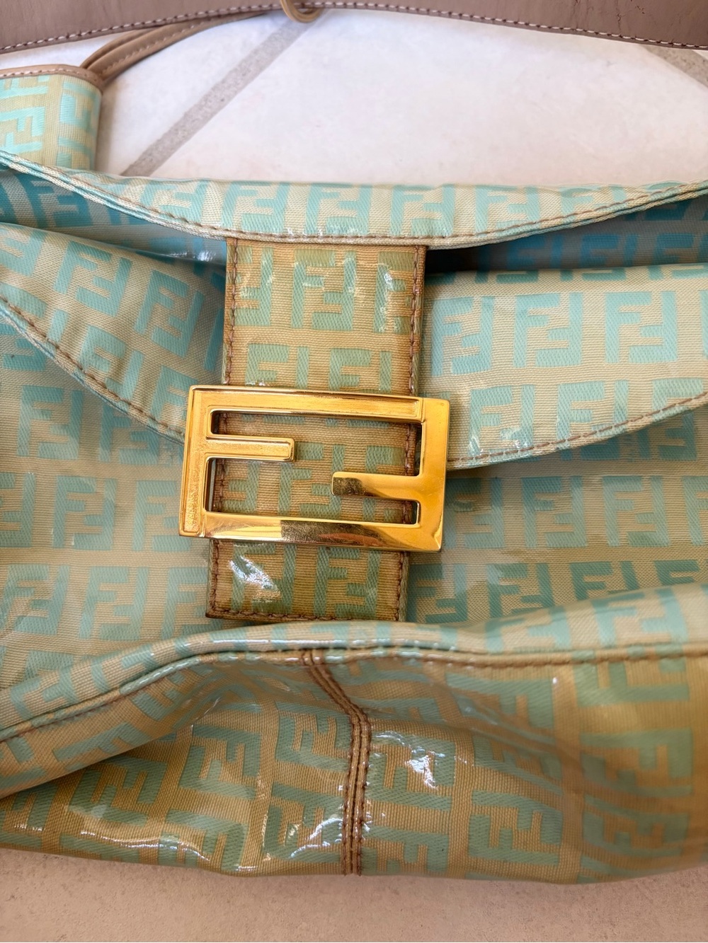 Vintage 2001 Fendi Mint Green Double Flap Zucchino Baguette with Luggage Tag - Picture 8 of 9